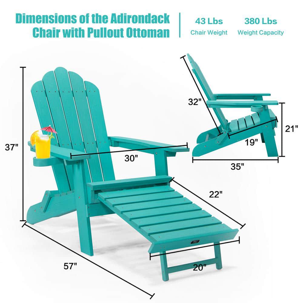 FORCLOVER Aruba Blue Reclining Composite Plastic WeatherResistant Folding Adirondack Chair with Pullout Ottoman and Cup Holder