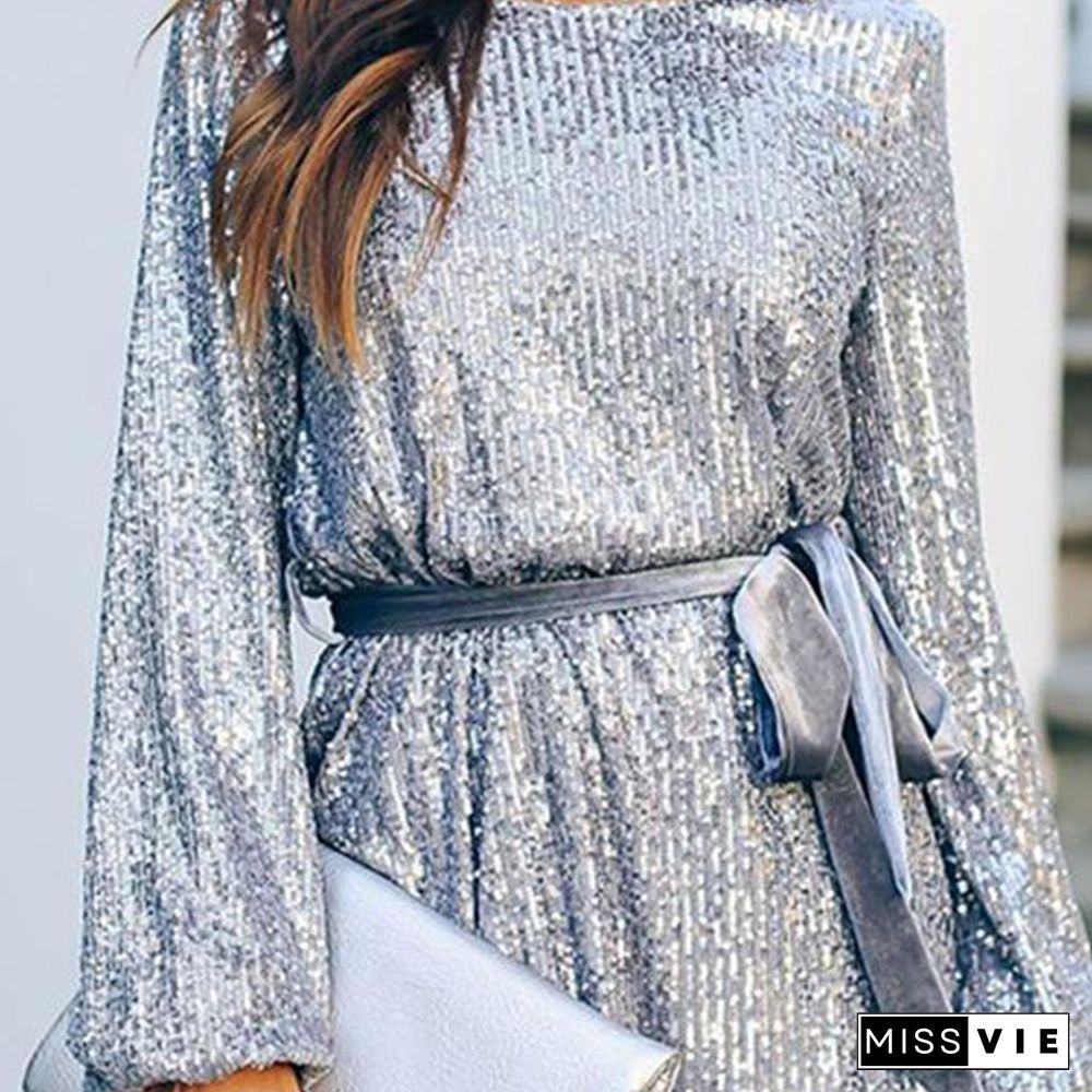 Women Dress Spring Fashion Sequin Lantern Long Sleeve Club Mini Dress Gold Silver Sashes O-Neck Shiny Dress Party Vestidos