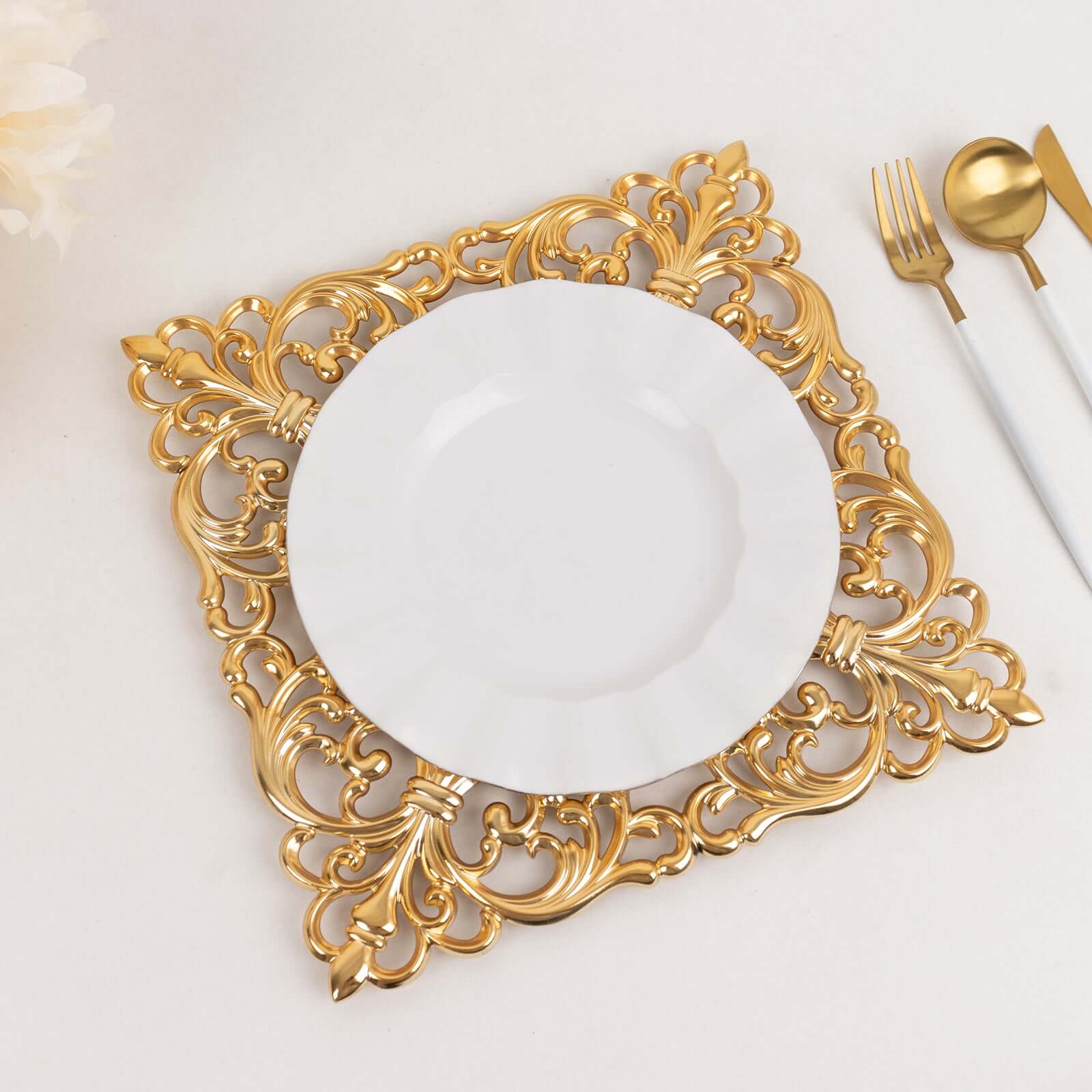 6 Pack Gold Square Acrylic Charger Plates with Hollow Lace Border, Dinner Chargers Event Tabletop Decor - 12