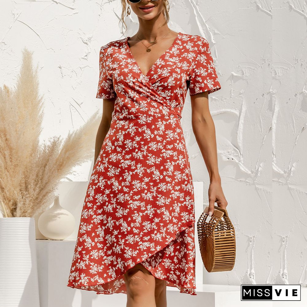 Short Sleeve Women Summer Beach Midi Dress V-neck Lace-up Flower Dress New Sexy High Waist Retro Mid-length Printed Dress