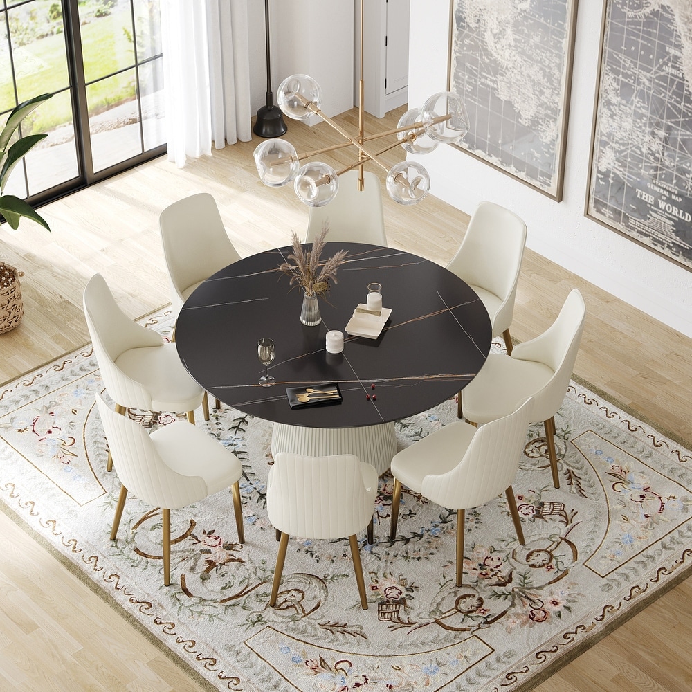 59'' Modern Round Dining Table for 8  Black Sintered Stone Tabletop with Lazy Susan