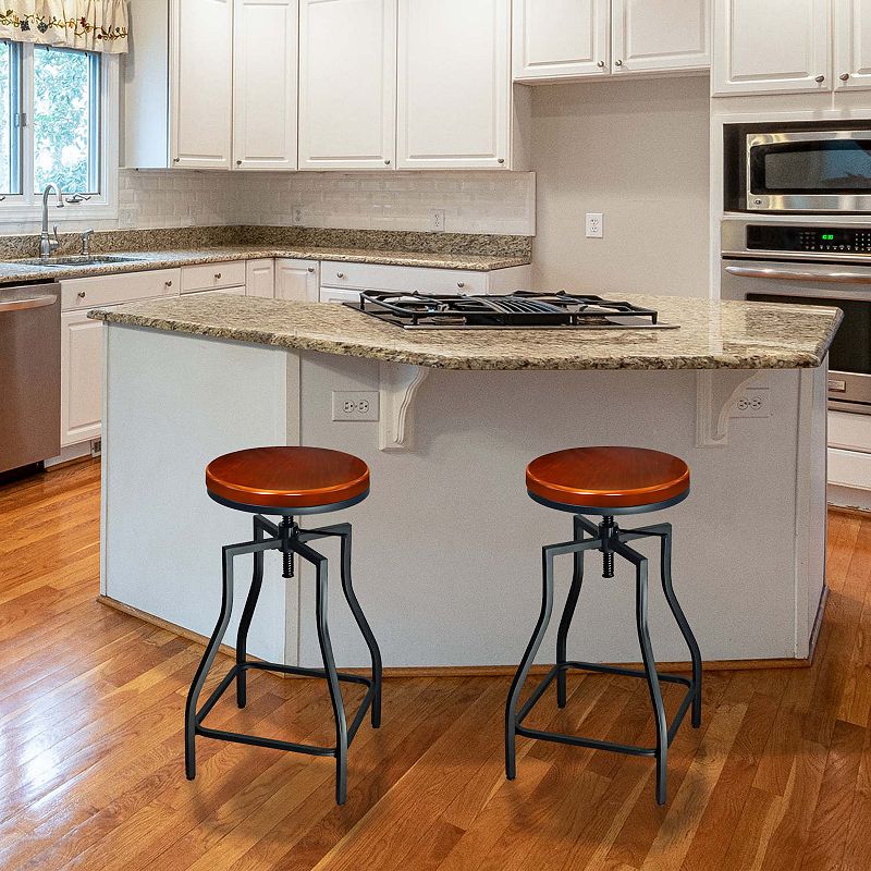 eHemco Adjustable Swivel Metal Kitchen Counter Height Backless Barstool with Wood Veneer Seat