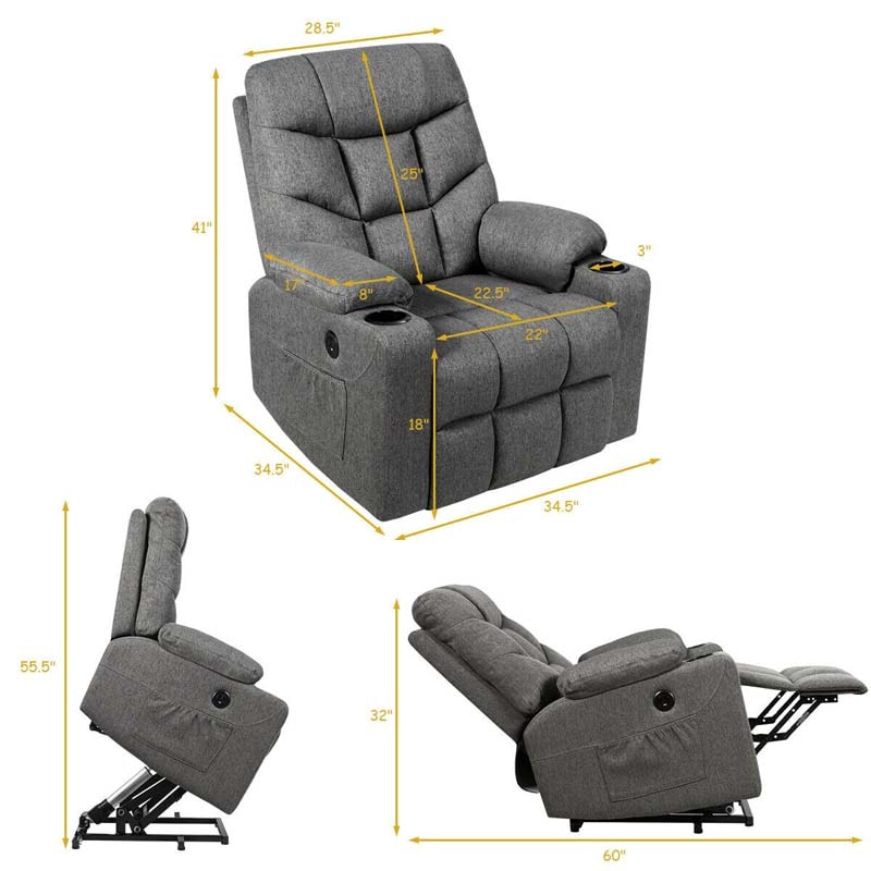 Heated Power Lift Recliner Fabric Massage Reclining Sofa, Elderly Lift Chair with 8 Point Massage, 2 Side Pockets Cup Holders, USB Port