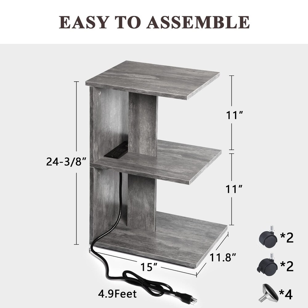 End Table with Charging Station  Narrow Side Tables for Small Spaces with USB Ports and Outlets Rolling Bedside Nightstand