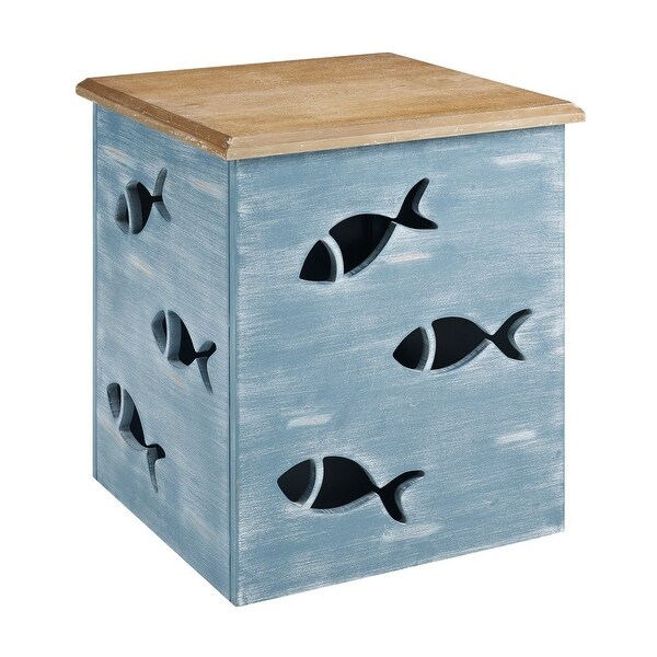 Creekview Coastal Square Metal Accent Side Table with Cutout Fish， Natural Top and Blue Base