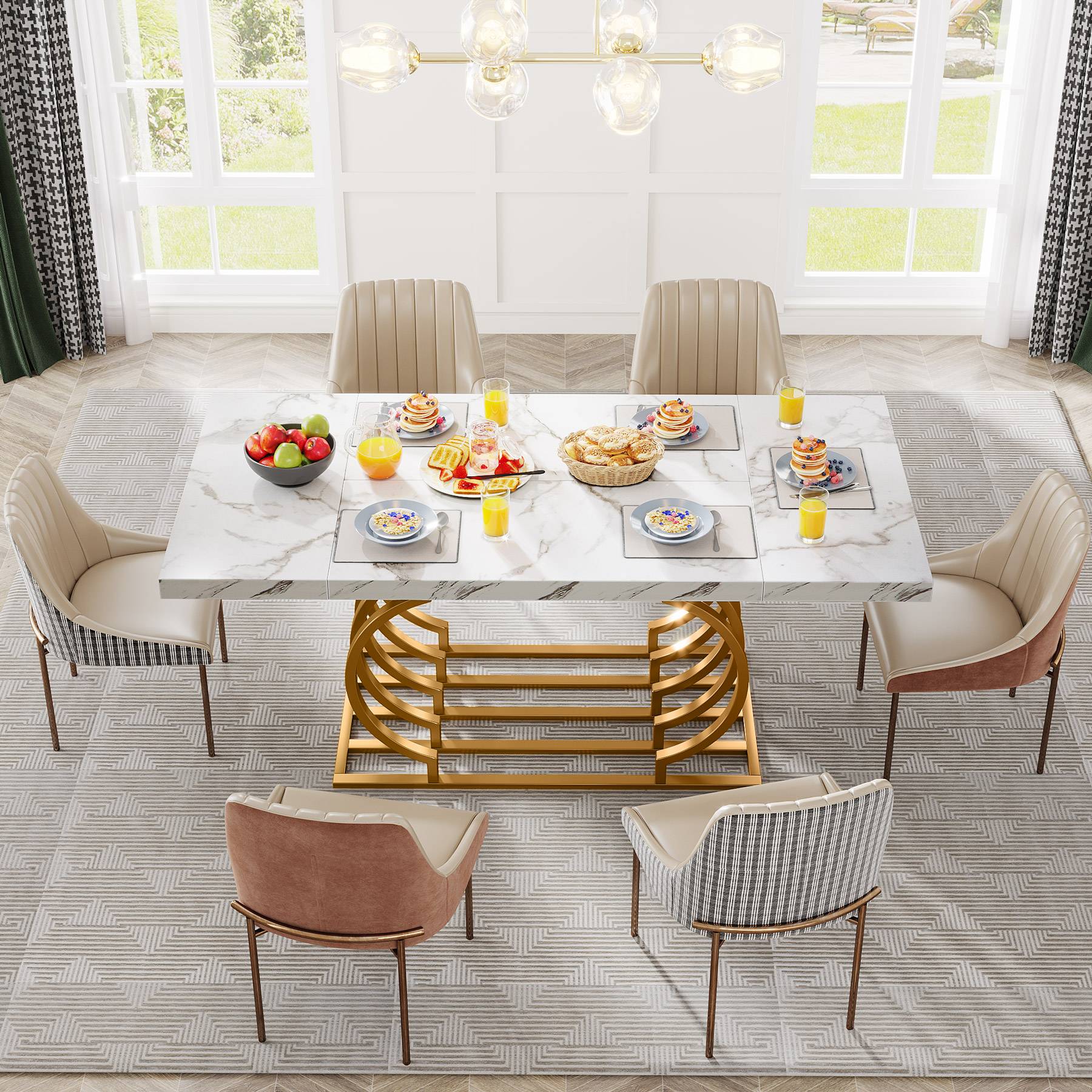 Faux Marble Dining Table, Wood Kitchen Table with Geometric Frame