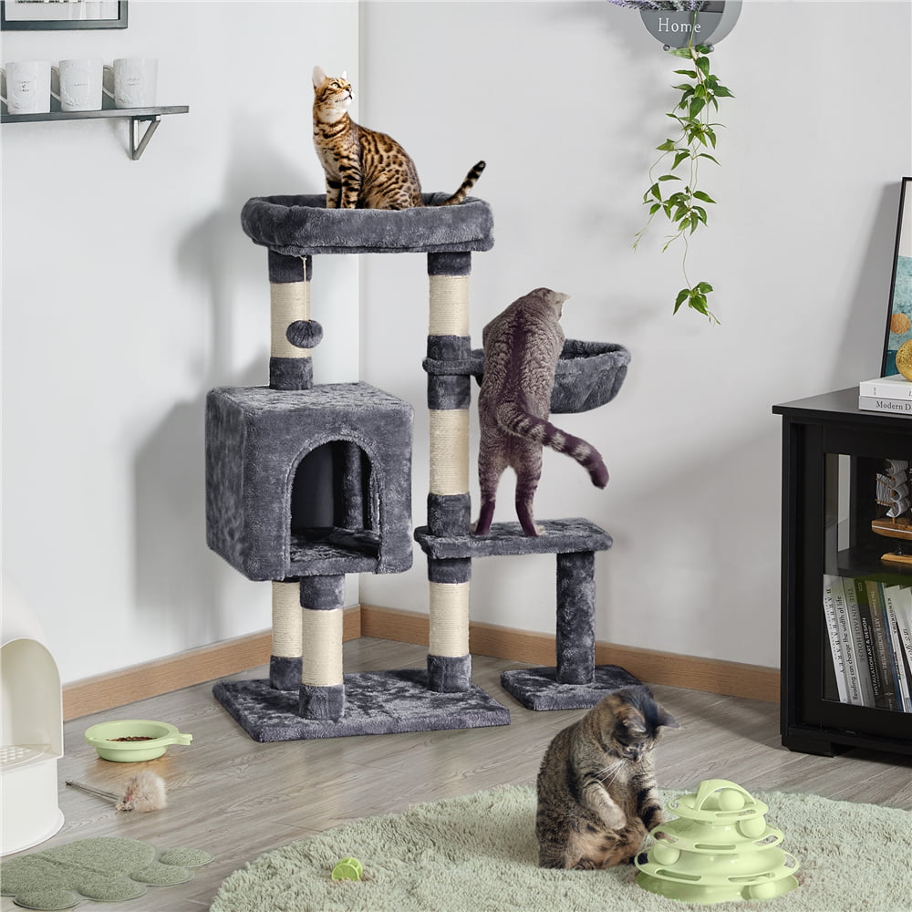 Topeakmart 38-in Cat Tree Scratching Post Tower with Plush Perch and Basket， Dark Gray