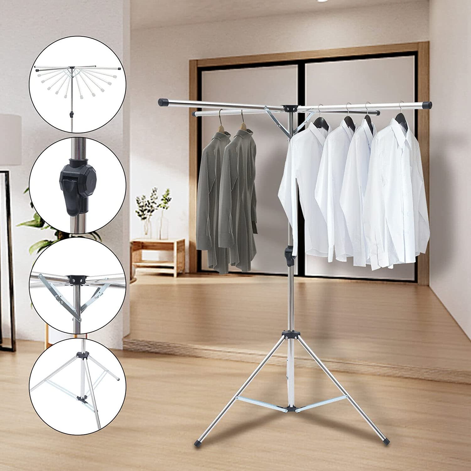 FETCOI Metal Clothes Drying Rack Folding Laundry Dryer Hanger Shelf Black Foldable Tripod Arm Stand