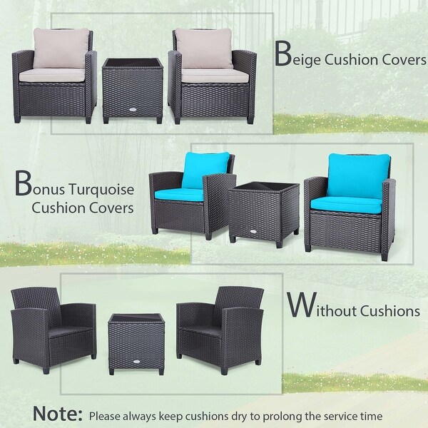 Costway 3PCS Patio Wicker Furniture Set with Beige and Navy Cushion