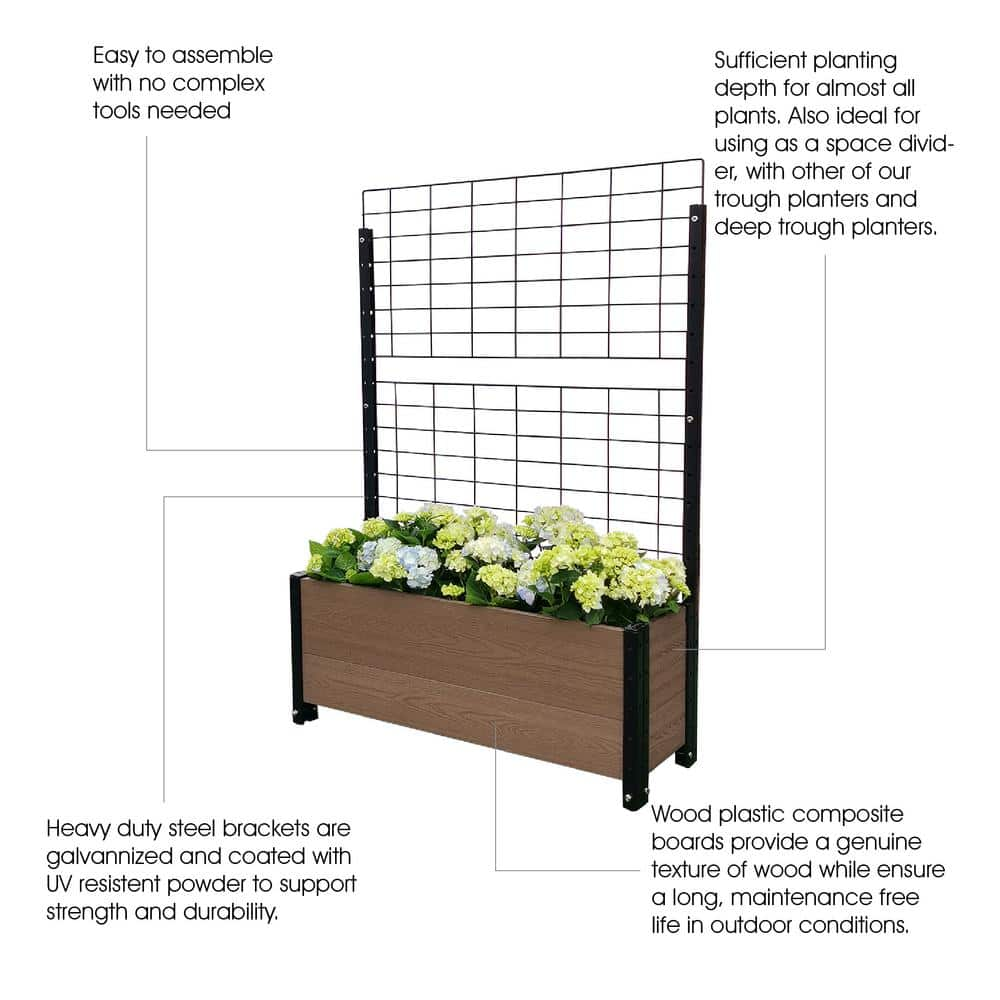 EverBloom 12 in. D x 47 in. H x 36 in. W Brown and Black Composite Board and Steel Trough Planter Box Raised Garden Bed w/Trellis K2105