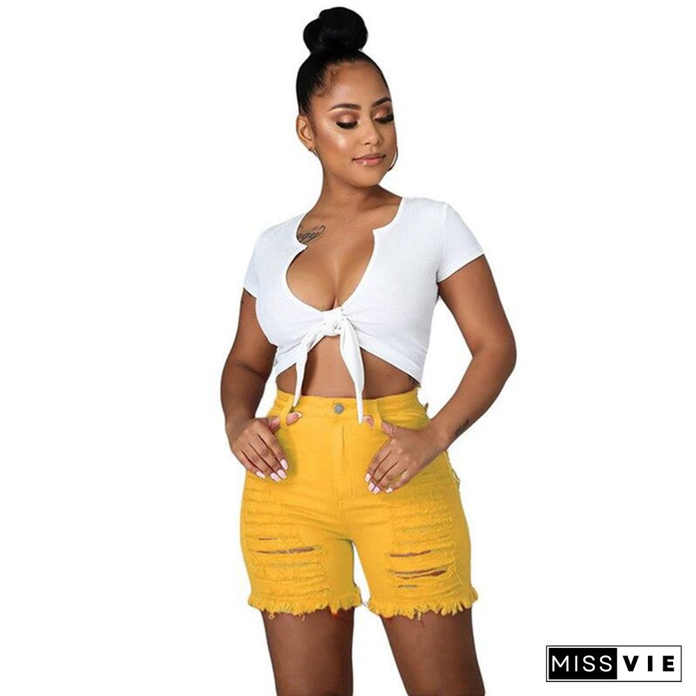 Summmer New Women Denim Shorts Solid Hollow Out Elastic Jeans Shorts High Waist Casual Streetwear