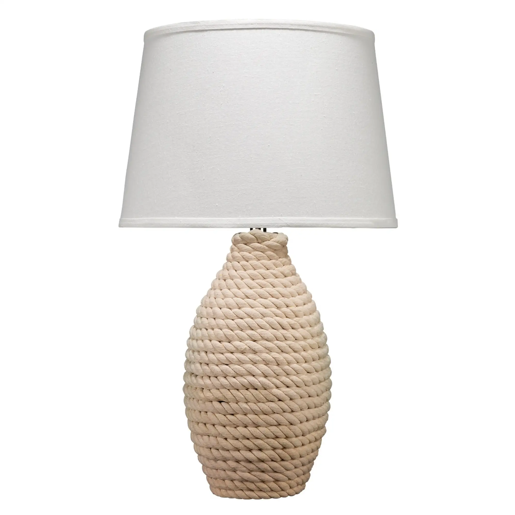 Table Lamp with Pot Bellied Woven Rope Body， White and Brown