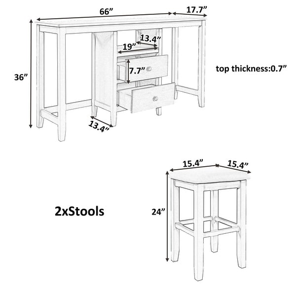 3piece Counter Height Wood Dining Table Set With Cabinet，2 Storage Drawers And 2 Stools