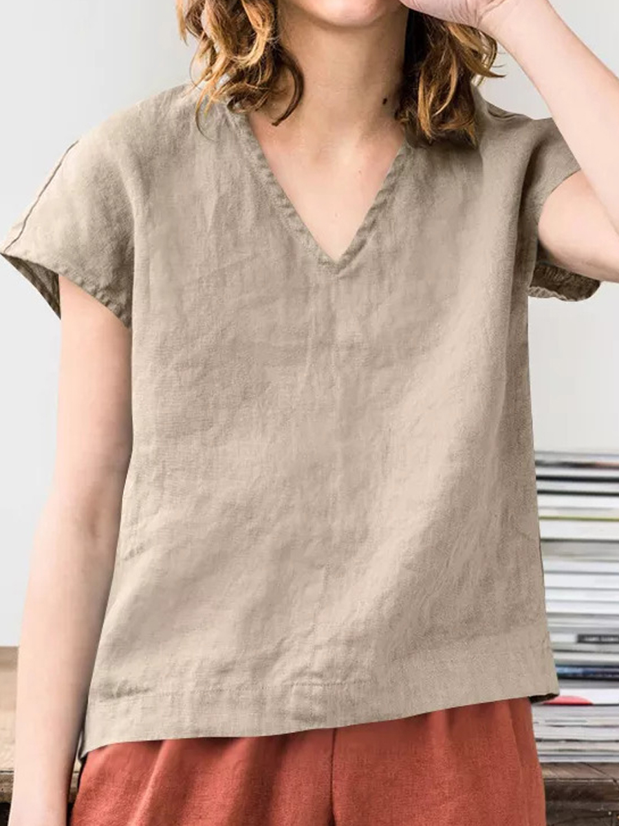 Casual Solid Color V-Neck Short Sleeve Blouse