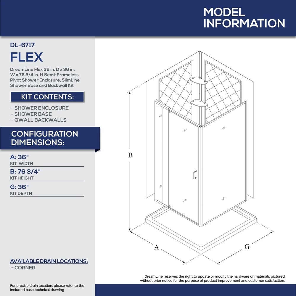 DreamLine Flex 36 in. D x 36 in. W x 76 3/4 in. H Pivot Shower Enclosure  Shower Base and Backwall Kit   36\