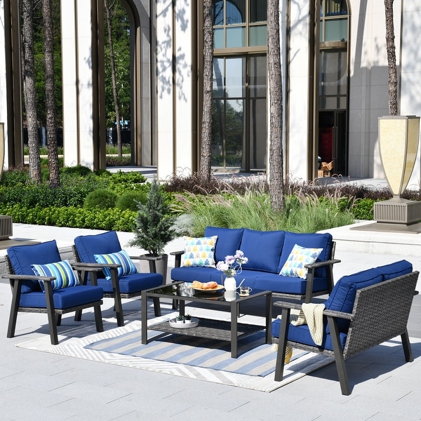 OVIOS 5piece Outdoor Steel Frame Ottoman Wicker Solid Pattern Cushion Sectional Set Glass Top Table