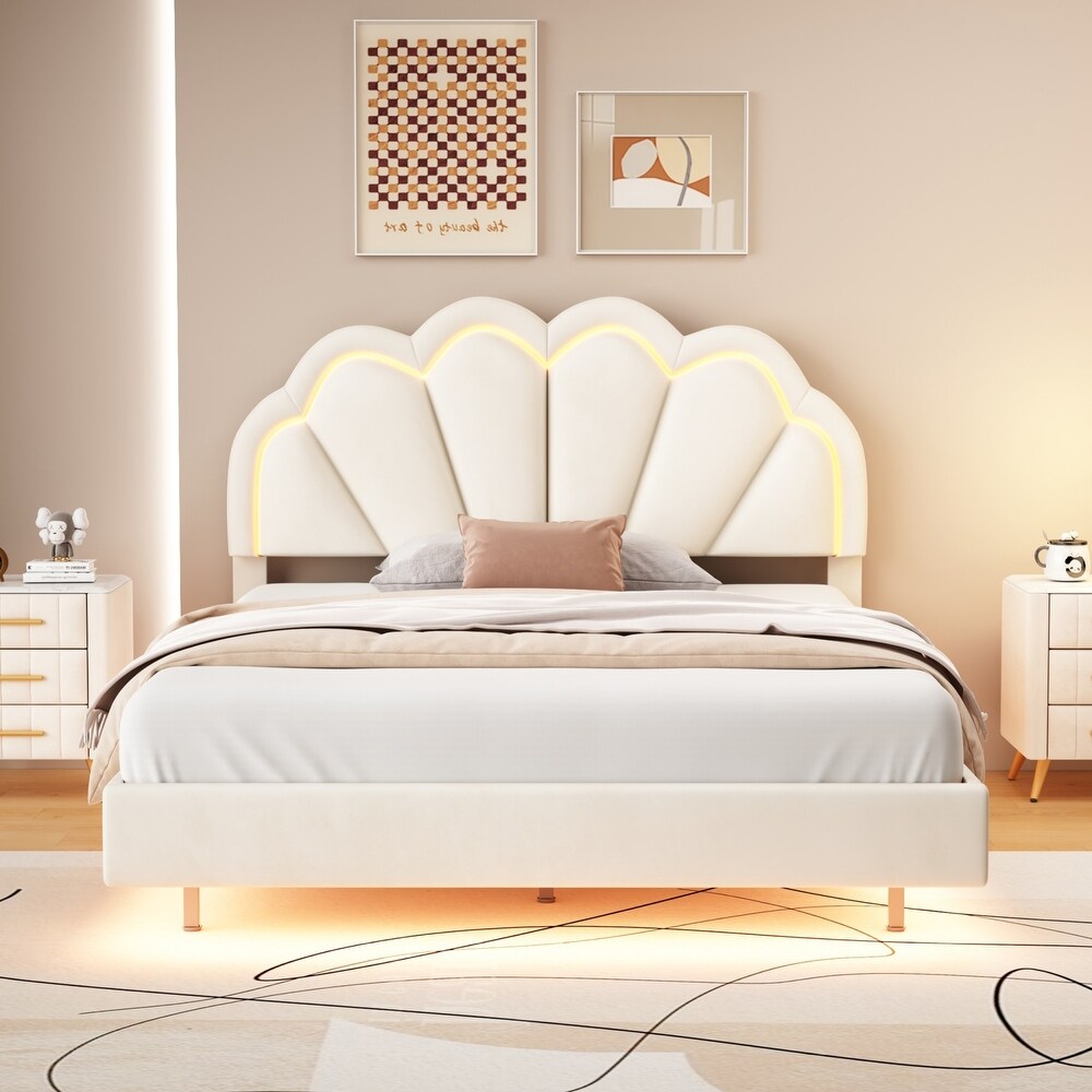 Full Size Floating Velvet Upholstered Platform LED Bed Frame with Elegant Flowers Headboard and Wooden Slats Support