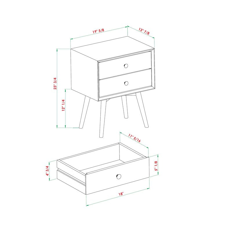 Mid Century Modern 2-Drawer Bedroom Nightstand in Black