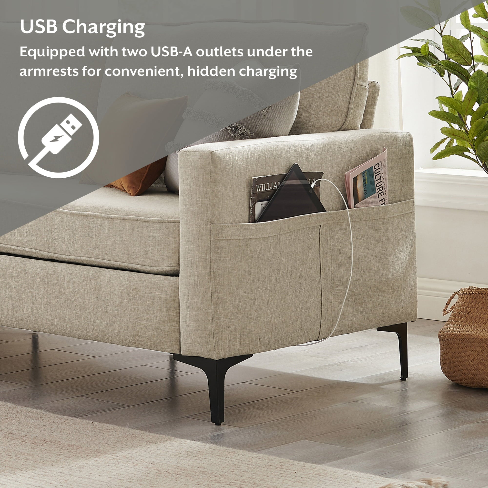 Larissa Sofa, USB Ports and Storage Pockets, Beige, Hillsdale Living Essentials