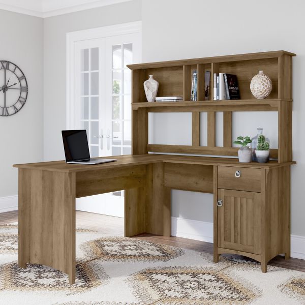 Bush Furniture Salinas 60W L Shaped Desk with Hutch in Reclaimed Pine