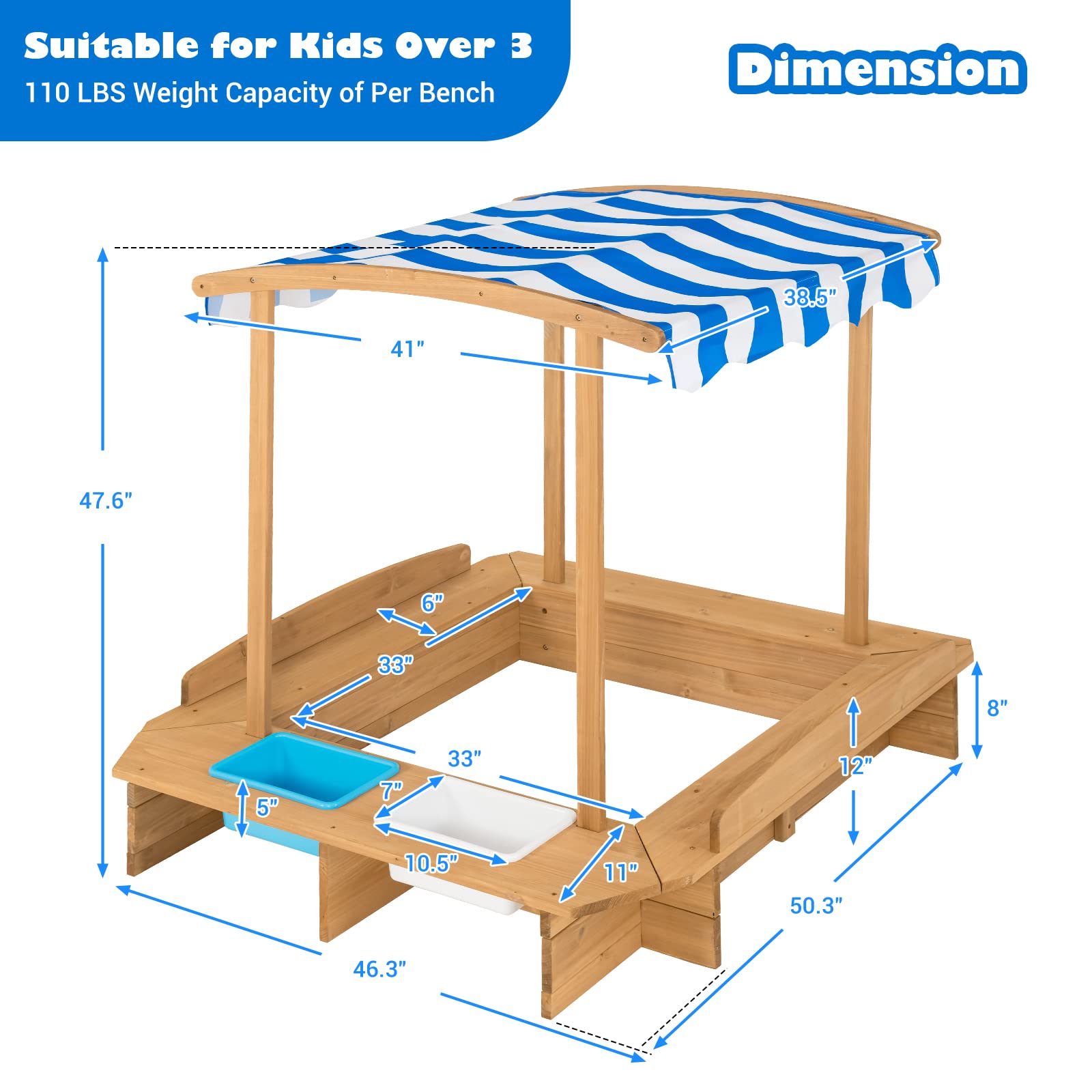 Costzon Kids Wooden Sandbox with Canopy & 2 Toy Storage Boxes