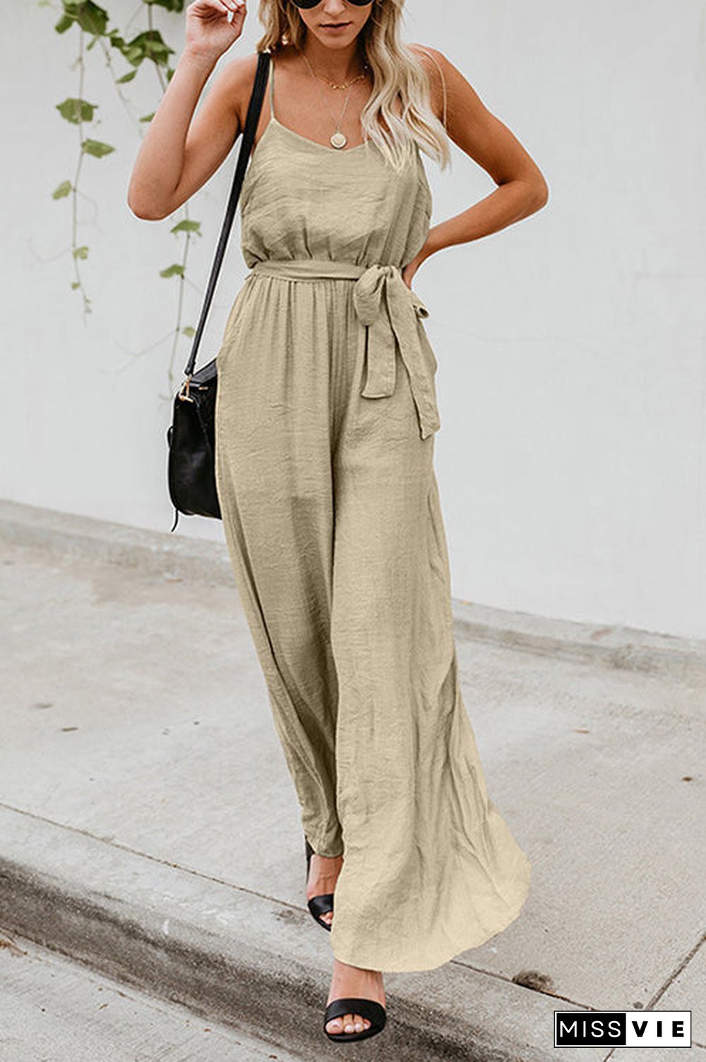 Flowy V Neck Belted Slip Jumpsuits