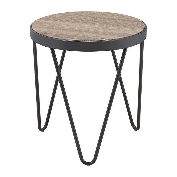 Round Wooden End Table with V-shaped Metal Legs in Gray Oak