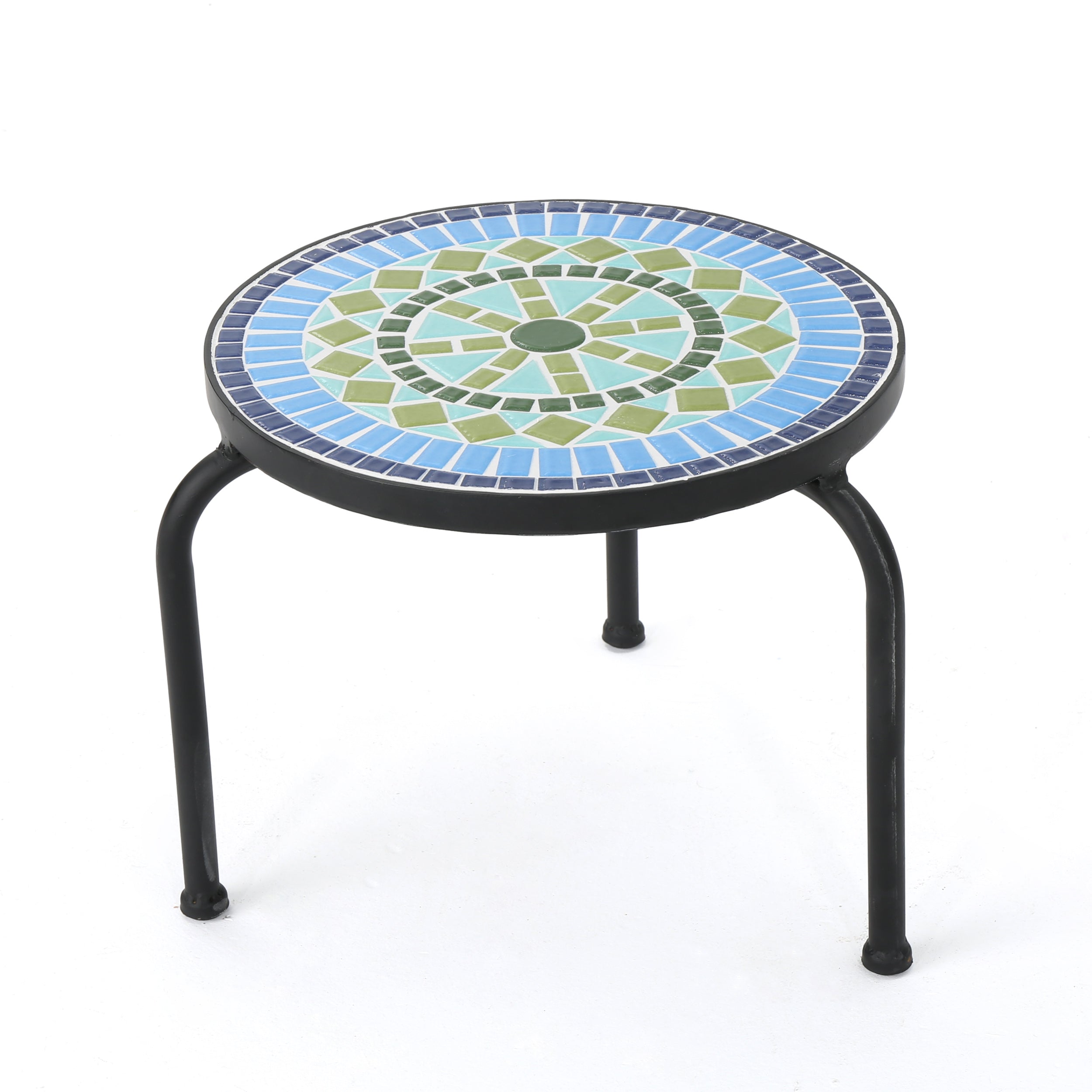 Isildur Outdoor Blue & Green Ceramic Tile Iron Frame Side Table