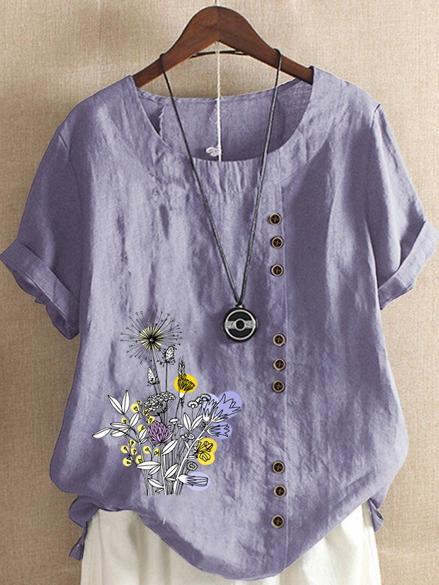 Casual Floral Print Crew Neck Short Sleeve Blouse