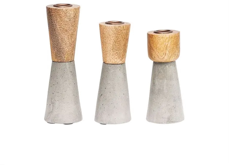 3 Piece Brown Mango Wood and Gray Cement Candle Holder Set