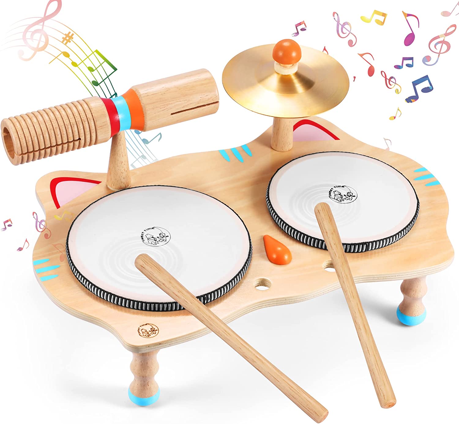 Sweet time Kids Drum Set， Baby Musical Instruments Toys for Toddlers， 6 in 1 Wooden Percussion Instruments Toddler Drum Set Sensory Toys Montessori Toys Birthday Gifts for Boys and Girls