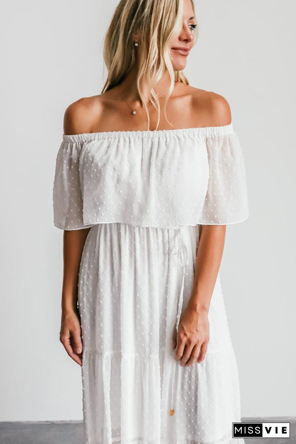 White Off Shoulder Ruffle Swiss Dot Maxi Dress