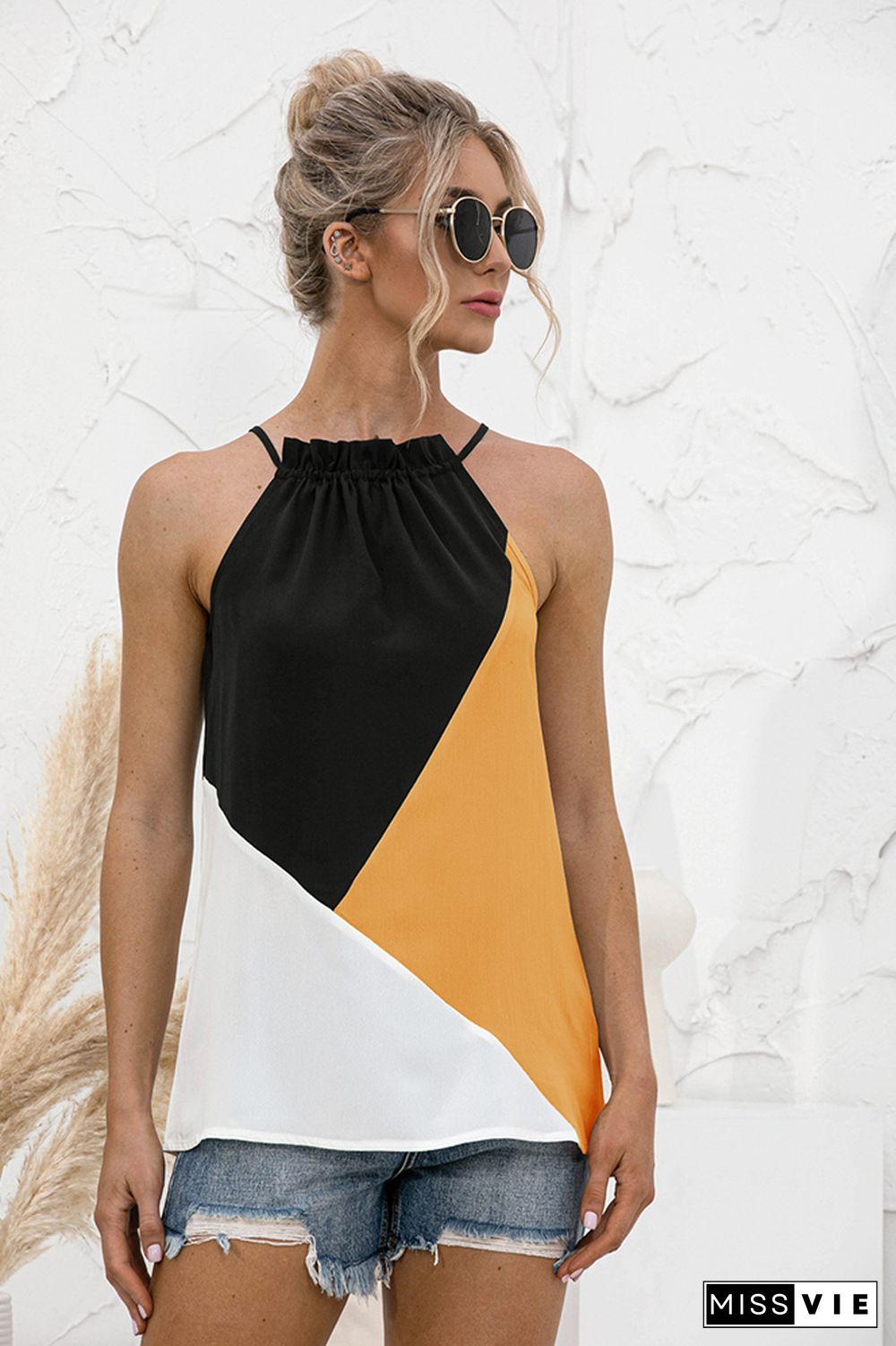 Color Block Halter Sleeveless Tank Top