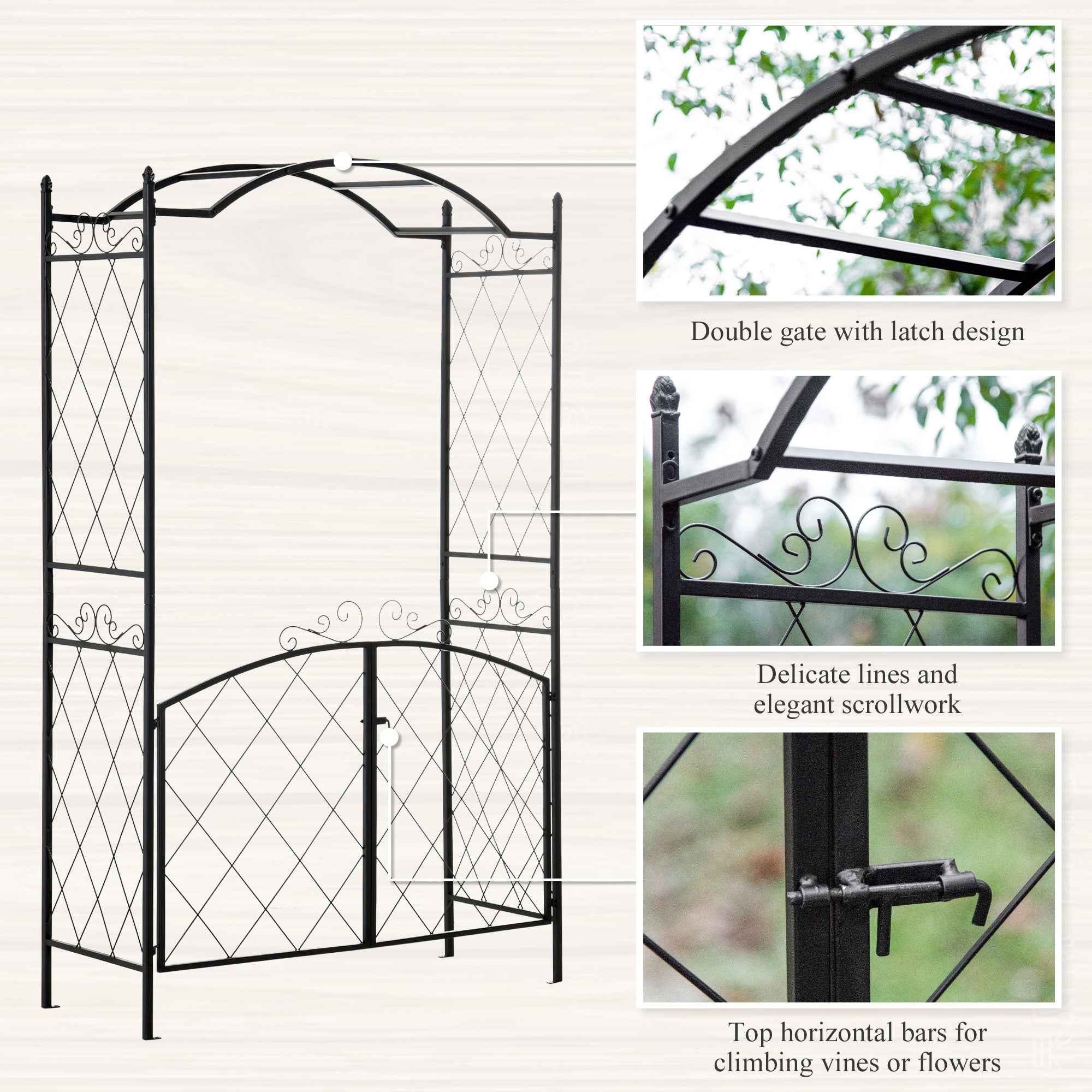 Outsunny 85'' Metal Garden Arbor with Gate, Outdoor Steel Arch with Scrollwork for Climbing Vines, Ground Mountable Columns