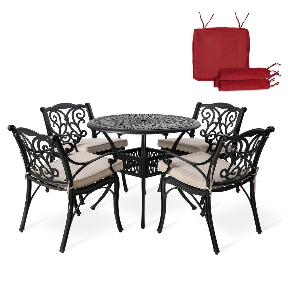 5 Piece Cast Aluminium Dining Set with Olefin Fabric Cushions (Includes Alternative Cushion Covers)