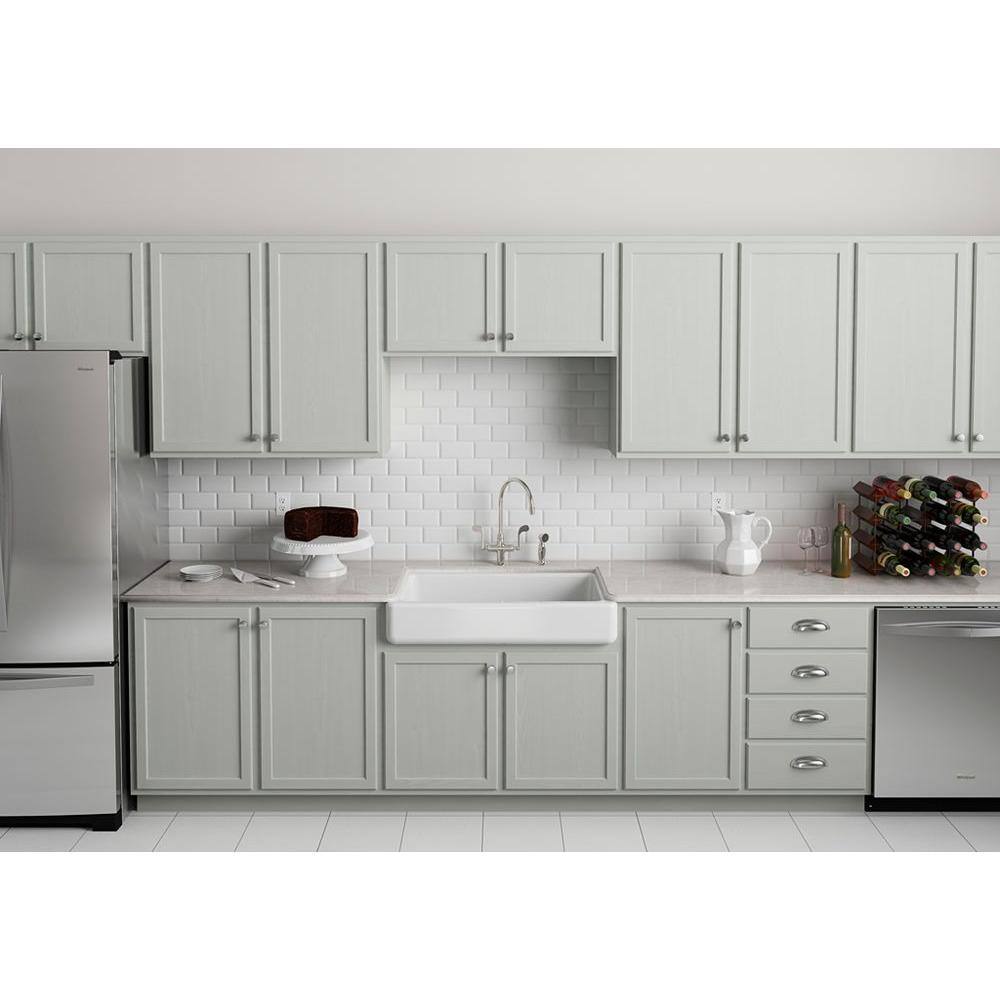 KOHLER Whitehaven Farmhouse Apron Front Cast Iron Self-Trimming 36 in. Single Basin Kitchen Sink in White with Basin Racks K-6488-0-6639-ST