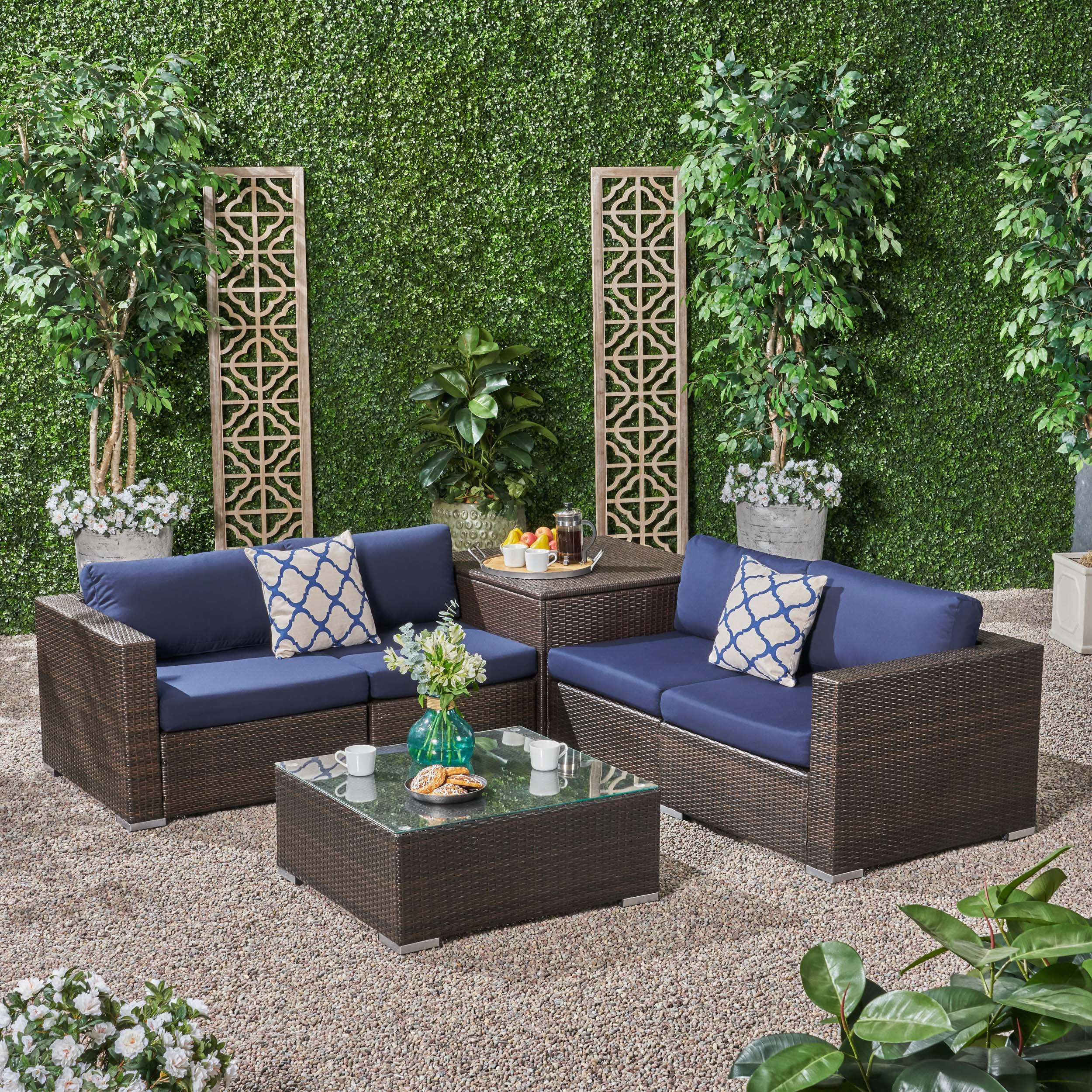 Kyra Outdoor 4 Seater Wicker Sofa Set with Storage Ottoman and Sunbrella Cushions