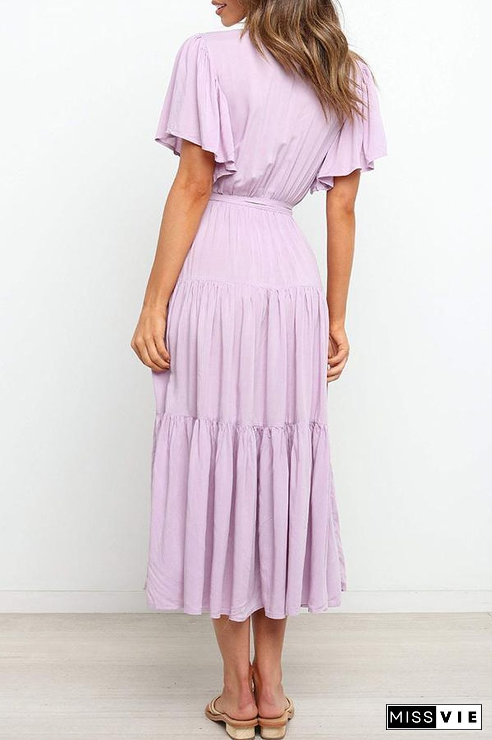 Ruffled Sleeve V-neck Tie Waist Maxi Dress P14492