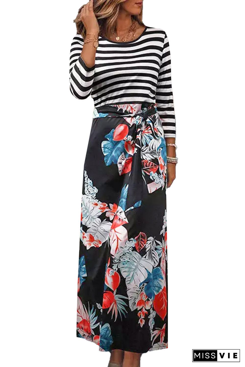 Striped Floral O-Neck Long Dress