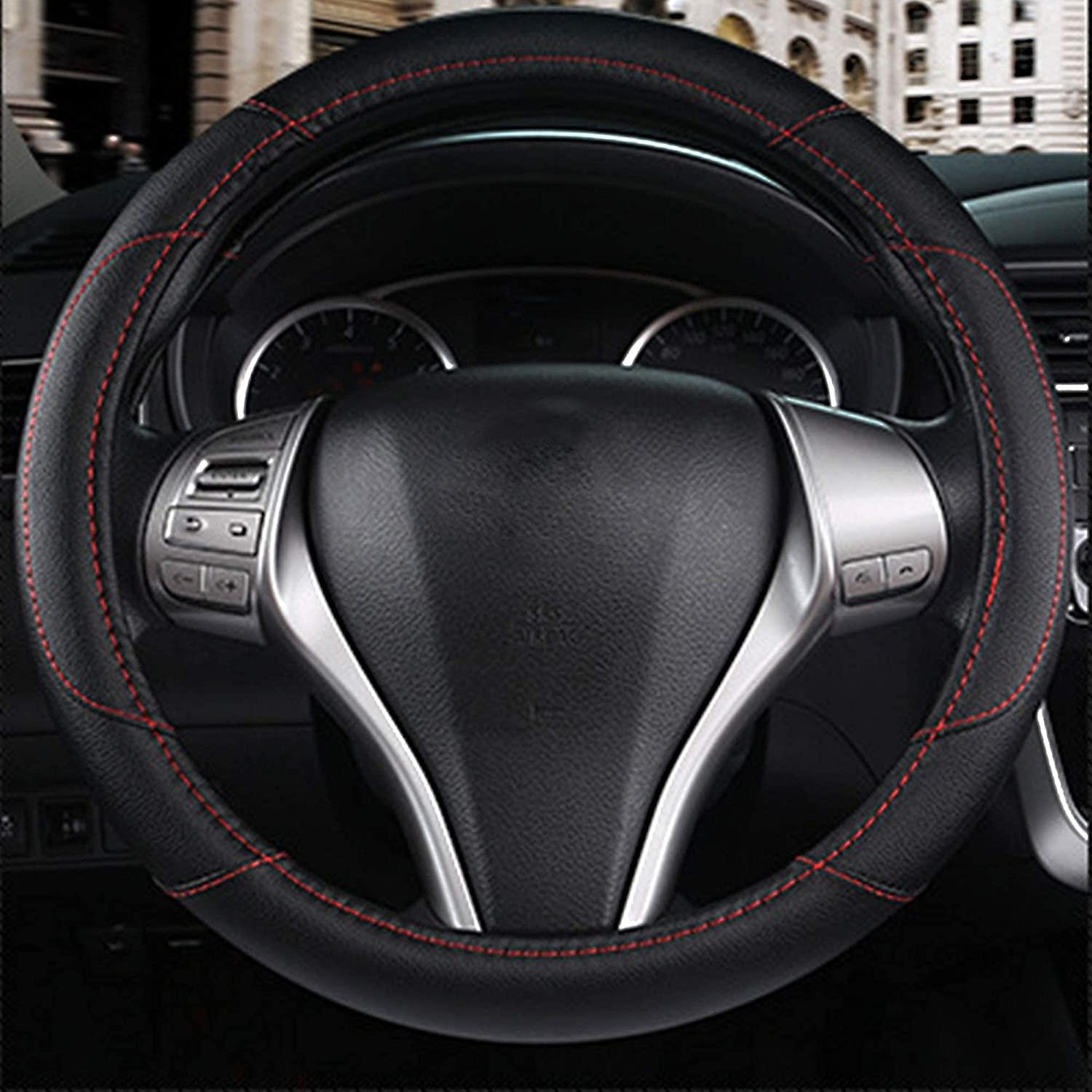 Leather Car Steering Wheel Cover， Non-slip Car Wheel Cover Protector Breathable Microfiber Leather Universal Fit For Most Cars(black)