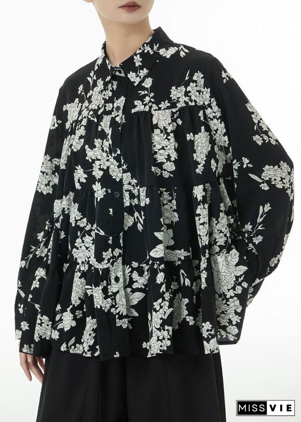 Black Print Patchwork Cotton Blouses Tops Oversized Wrinkled Spring