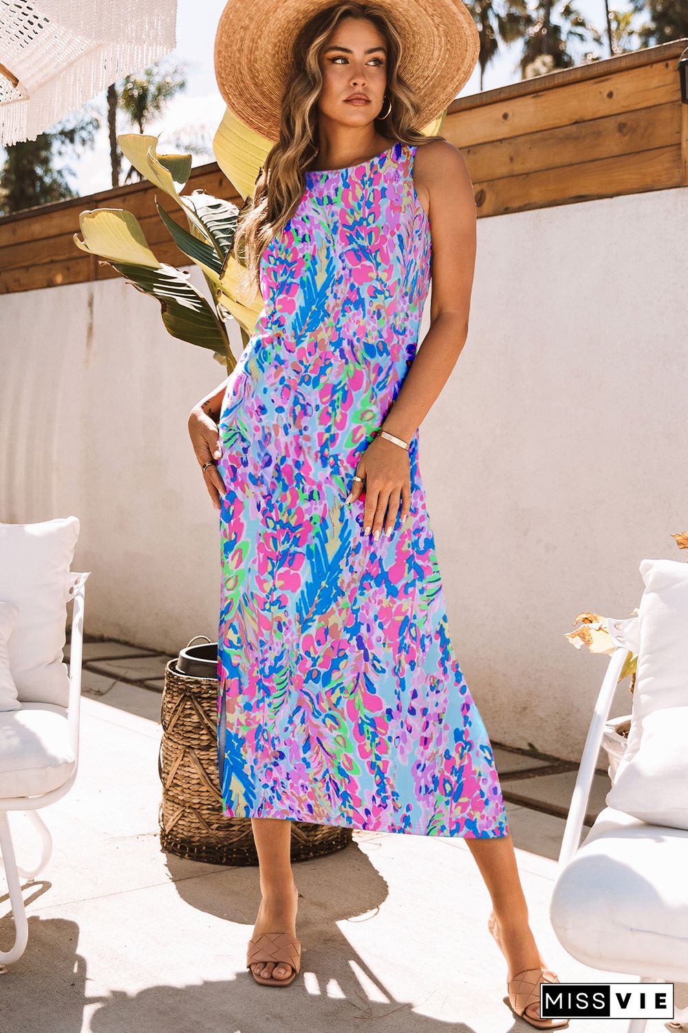 Purple Abstract Floral Print Sleeveless Maxi Dress