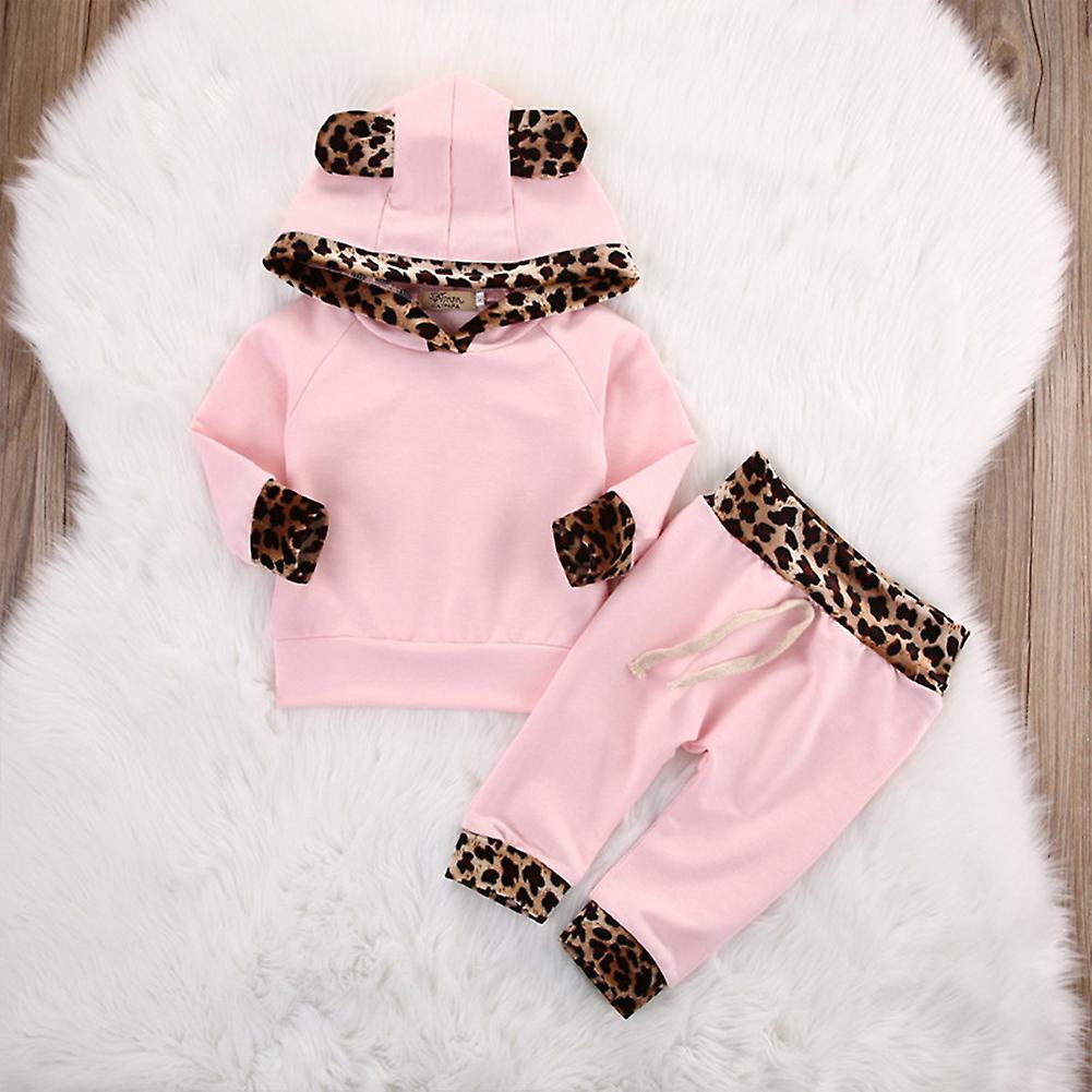 2pcs Cute Newborn Baby Girls Pink Leopard Hoodie T-shirt Top Pants Outfits Set 90cm