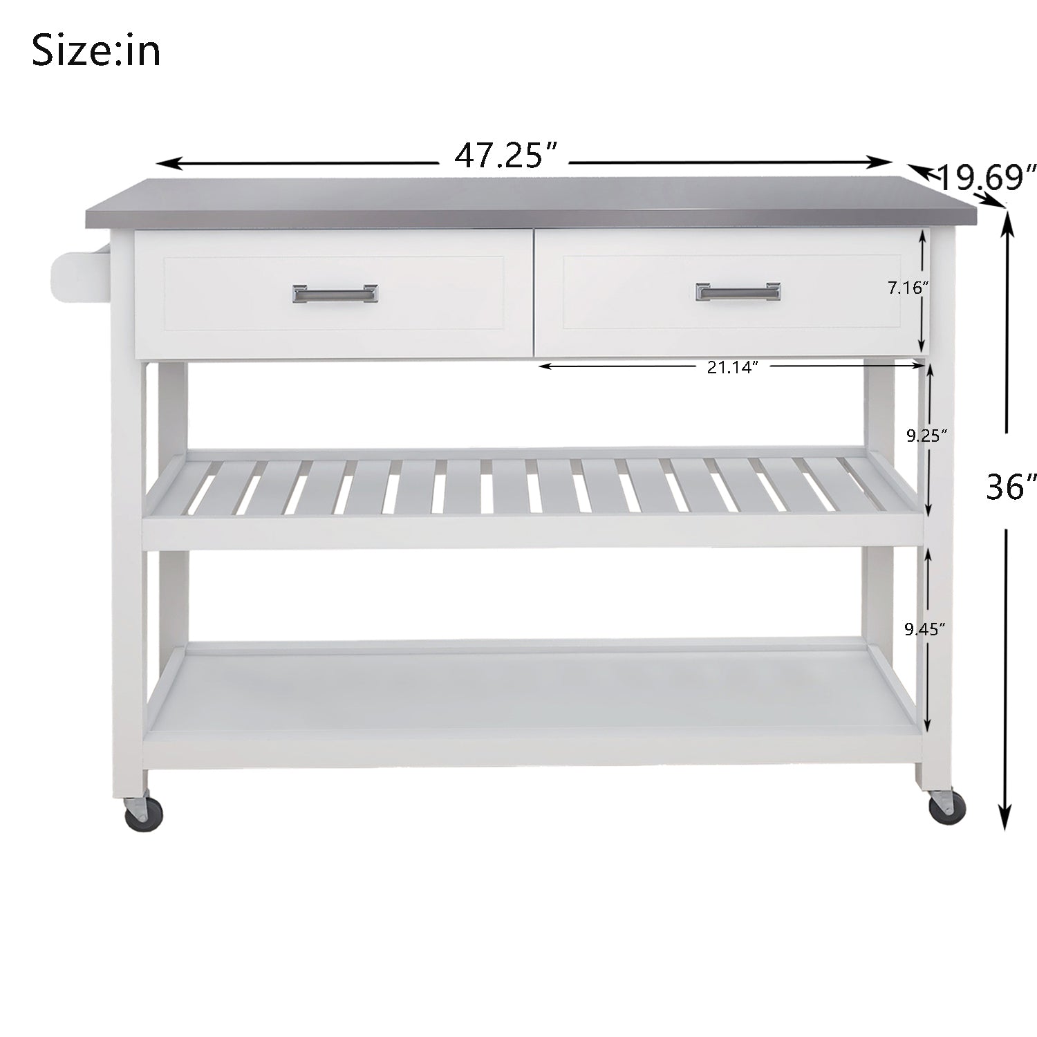 Storage Kitchen Islands on Wheels， BTMWAY Stainless Steel Table Top Kitchen Island Cart with Storage Drawers/Shelf/Towel Bar， Rolling Kitchen Trolley Utility Cart Microwave Cabinets， A5782