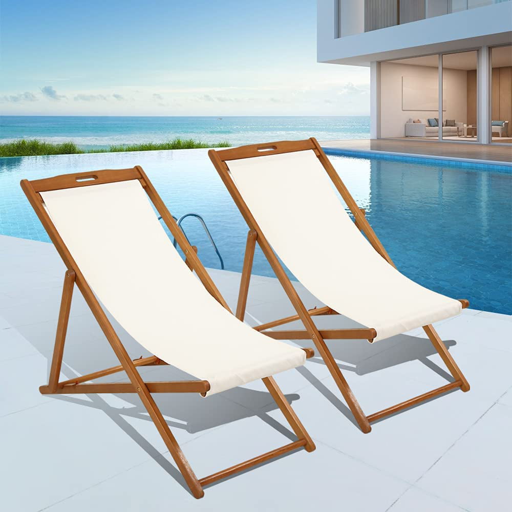 Adjustable Beach Sling Chair Set of 2 Folding Patio Lounge Chairs for Outside Solid Eucalyptus Wood Frame with White Polyester， Weight Capacity 352lbs