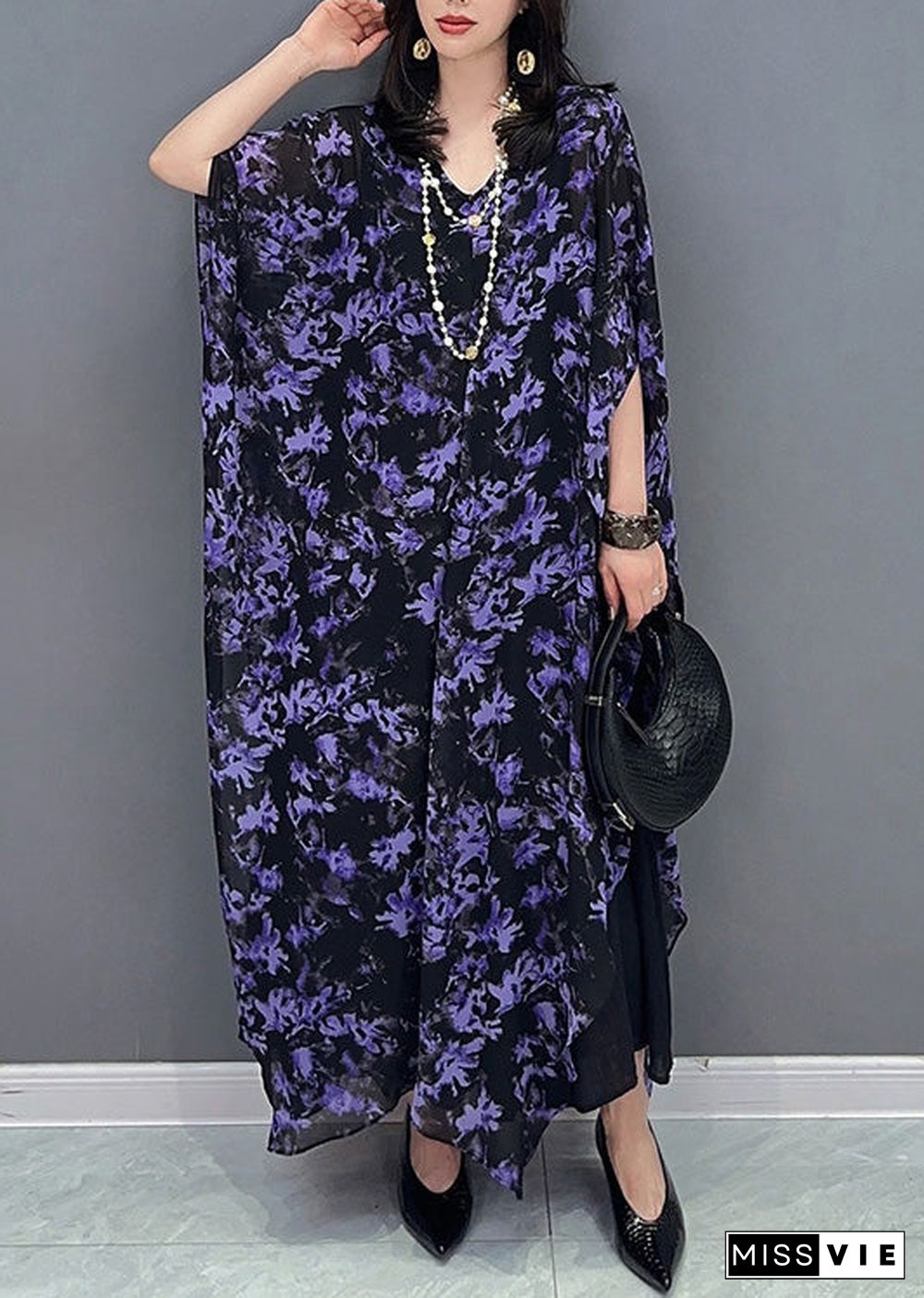 Loose Purple O-Neck Print Maxi Dress Summer