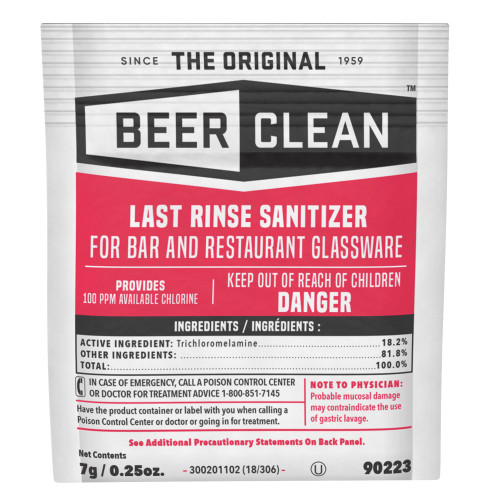 Diversey Beer Clean Last Rinse Glass Sanitizer， Powder， 0.25 oz Packet， 100/Carton (90223)