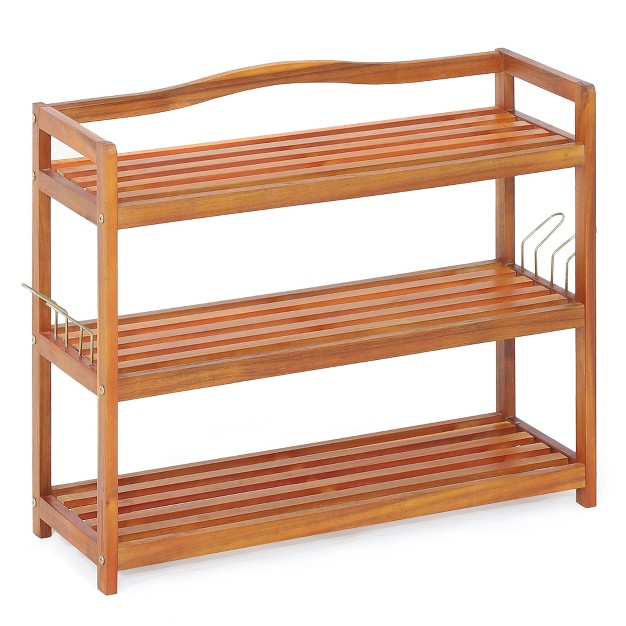 Costway 3 tier Wood Shoe Rack Solid Acacia Wood Shoe Shelf With Side Metal Hooks