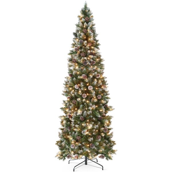 7.5ft Prelit Pencil Christmas Tree，Partially Flocked and Frosted Slim Holiday Tree Decoration，Skinny Xmas Tree，350 Lights