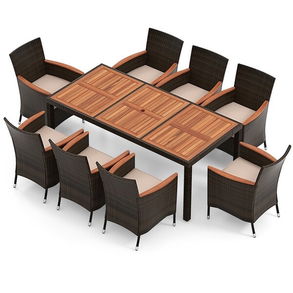 Gymax 9PCS Wicker Dining Set Acacia Wood Table Top Umbrella Hole